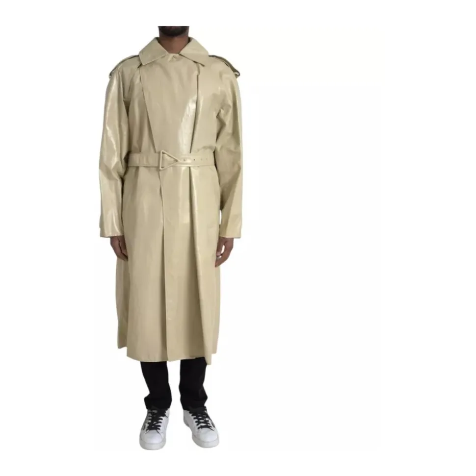 Beżowa Kurtka Trench Coat Skórzana