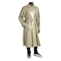 Beżowa Kurtka Trench Coat Skórzana