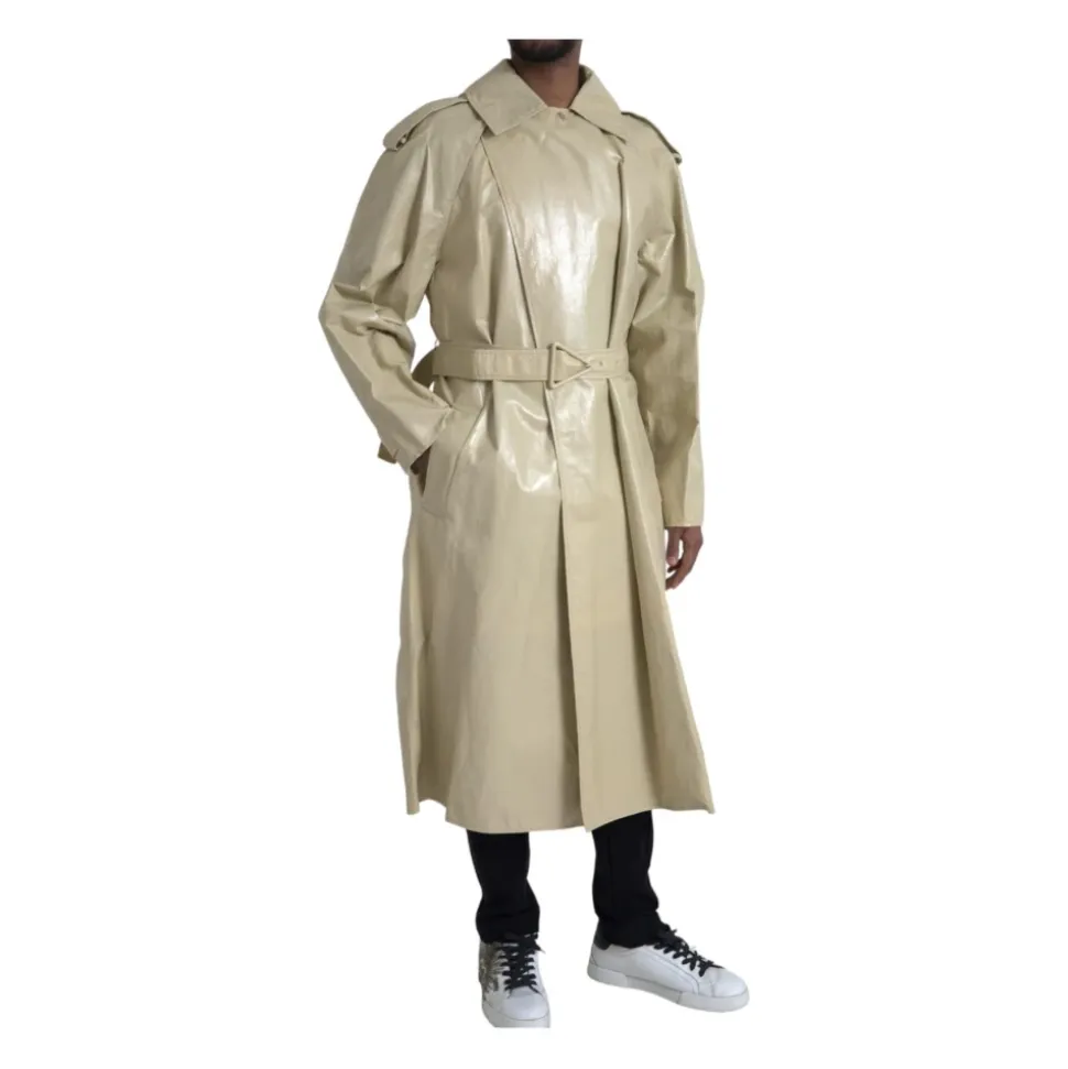 Beżowa Kurtka Trench Coat Skórzana