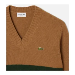 Sweter wełniany w paski z dekoltem w serek