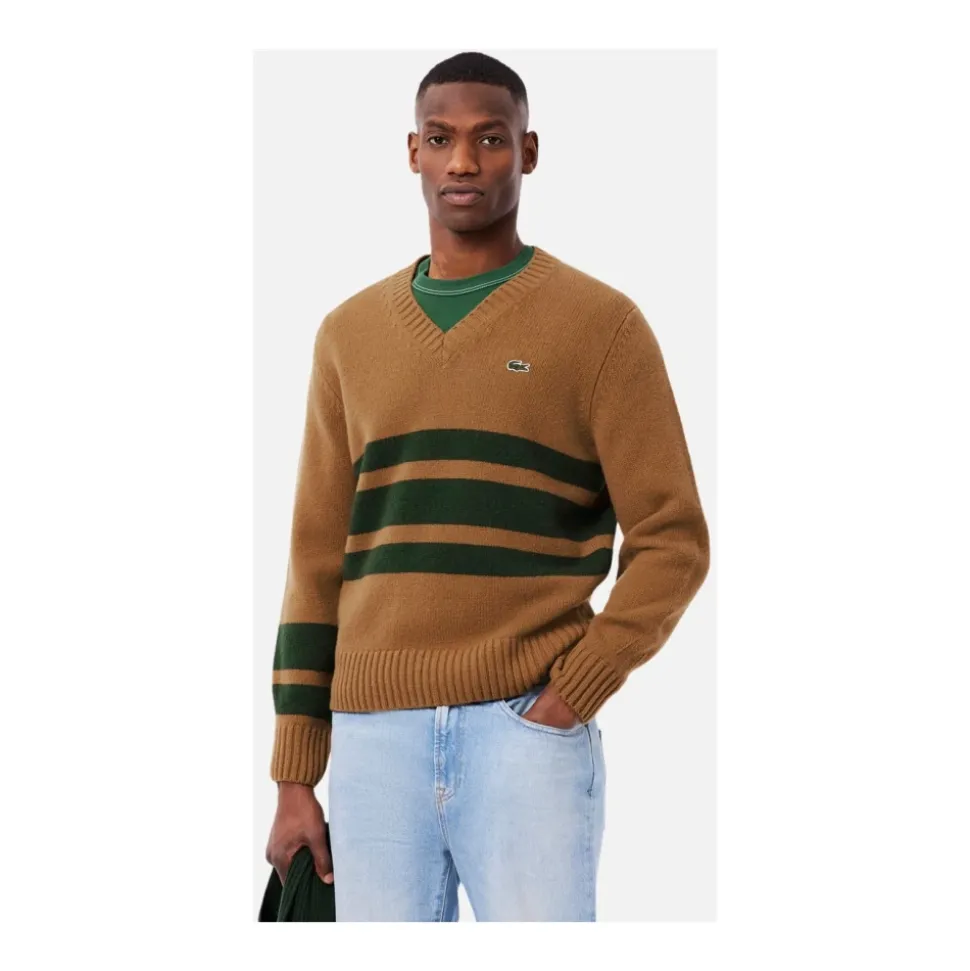 Sweter wełniany w paski z dekoltem w serek