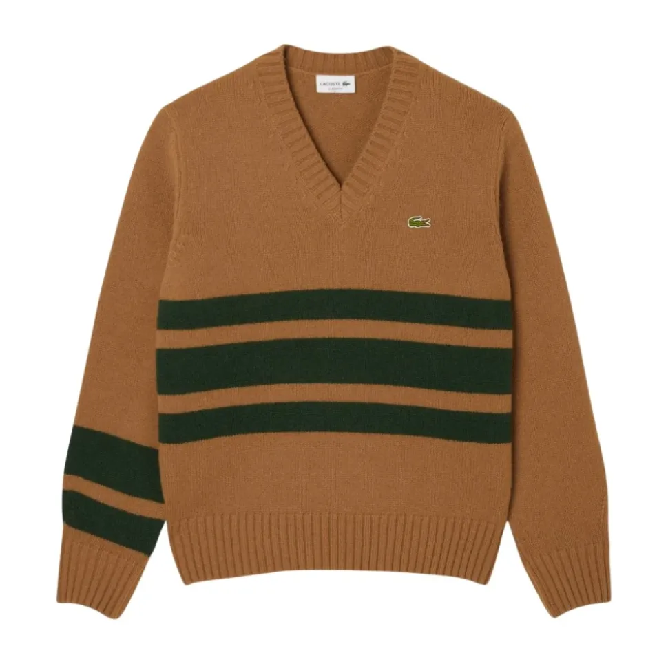 Sweter wełniany w paski z dekoltem w serek